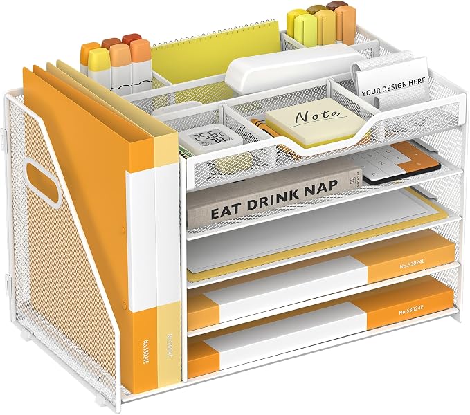 5 Tier Paper Letter Tray Desk Organizer with Pen Holders - White | Features 3 pen holders and 4 removable dividers.Versatile mesh desktop storage for mail, document,office supplie