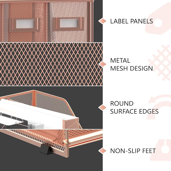 DALTACK 5-Slot Magazine File Holder, Metal Binder Holder, Rose Gold | Iron Mesh Construction, Labeled Sections for Easy Sorting, Anti-Slip Feet, Binder and Folder Storage for Office, Classroom