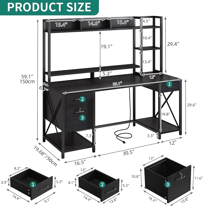 YITAHOME Computer Desk with Drawers & Hutch, 59.1" Office Desk with LED Lights & Power Outlets, Gaming Desk with Monitor Stand & Storage Shelves, Black