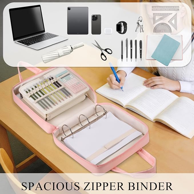 Upgraded Zipper Binder | 3-Inch & 2-Inch O-Rings, 600 Sheet Capacity Trapper Keeper with 13 Inch Laptop Sleeve & Water Bottle Holder, Binder Bag with Multi-Pockets & Shoulder Strap (Pink)