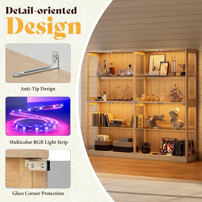 AMERLIFE 75-Inch RGB Display Cabinet with Glass Shelves | 70 H x 75 W x 16 D In, 4-Tier Storage, RGB LED Lights, Press-to-Open Doors, for Collectibles, Wood-Grain Slatted Finish