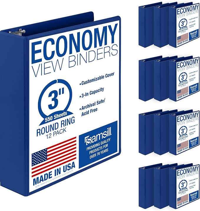 Samsill 3 Inch 3 Ring Binders, Economy Round Ring, Clear View Cover, 550 Sheet Capacity - for School, Home, Office - Blue, 12 Pack