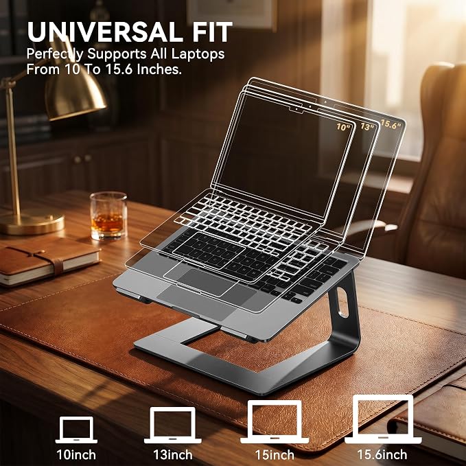 SOUNDANCE Laptop Stand, Aluminum Computer Riser, Ergonomic Laptops Elevator for Desk, Metal Holder Compatible with 10 to 15.6 Inches Notebook Computer, Grey
