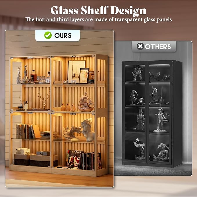 AMERLIFE 60-Inch RGB Display Cabinet with Glass Shelves | 70 H x 60 W x 16 D In, 4-Tier Storage, RGB LED Lights, Press-to-Open Doors, for Collectibles, Wood-Grain Slatted Finish