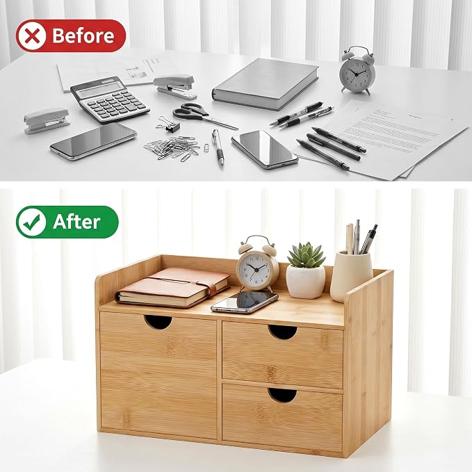 Bamboo Desk Organizer with Drawers, Desktop Storage Box for Office Supplies | 3 Drawers Desktop organizer, No Assembly Required, Natural Wood Wooden Desktop Drawers for Bills, Cosmetics, Seals, Paper