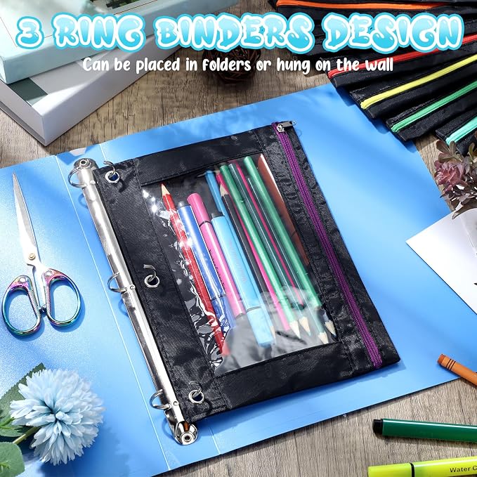 Leinuosen 64 Pack Black Pencil Pouch Bulk for 3 Ring Binder, Pencil Cases with Colored Zipper and Clear Window Storage Bag for Office, Back to School Classroom Supplies