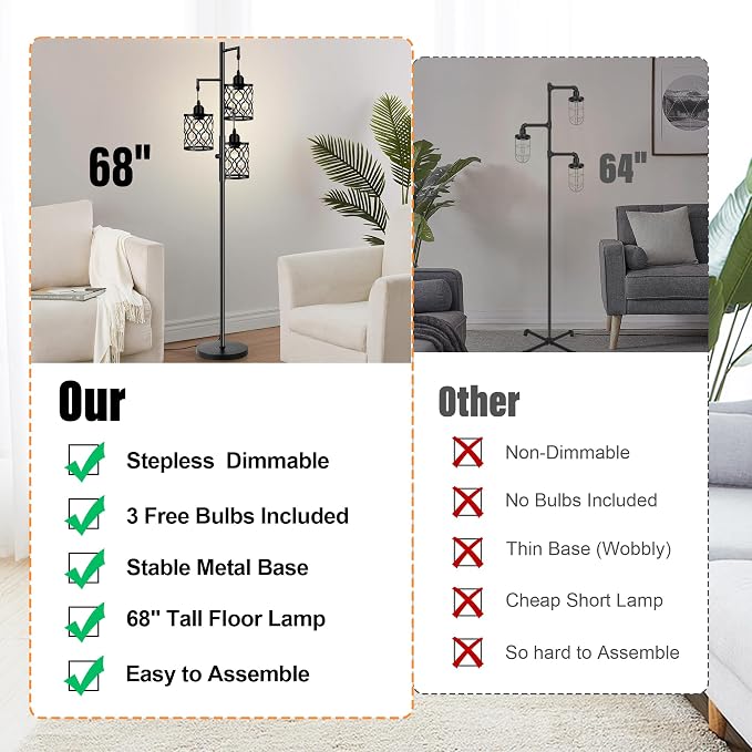 ROTTOGOON Dimmable Farmhouse Floor Lamp, Industrial Floor Lamp for Living Room with 3 X 6W LED Bulbs, 3 Light Rustic Standing Tall Lamp for Bedroom, Office, 68"