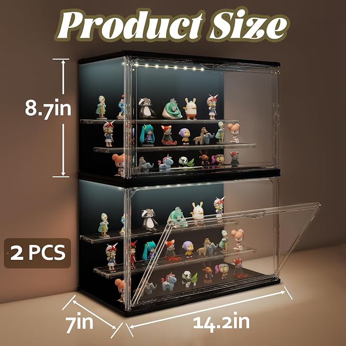 2PCS Clear Display Case for Collectibles, 3-Tier Adjustable Display Case with Led Light,Stackable Storage Bins with Magnetic Door for Jewelry (Black)