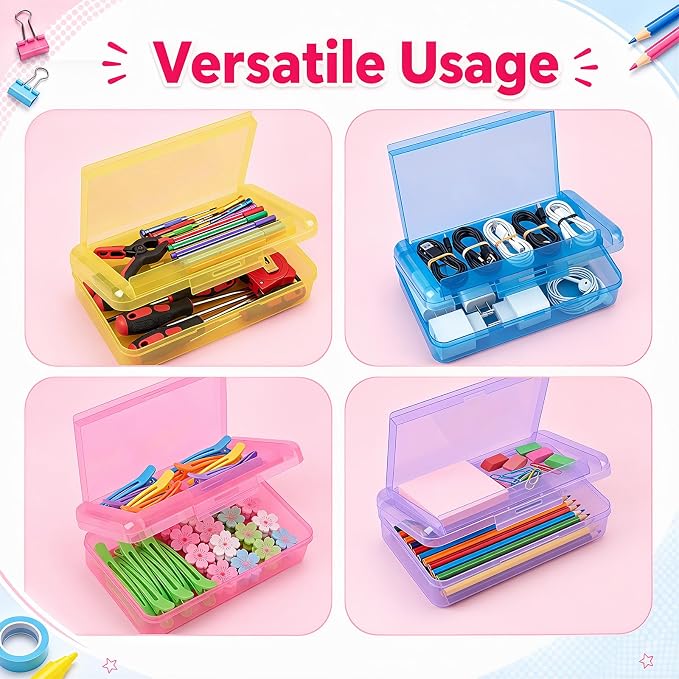 12 Pack Double Layer Large Pencil Box, Clear Plastic Hard Pencil Case with Snap Lid, School Supply Organizer Box for School Office Classroom Home Supplies(Classic Colors)