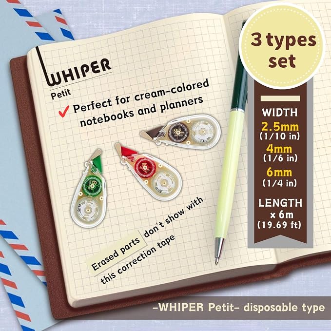Correction Tape Whiper Petit Cream Color Tape 3 Size Set 2.5mm, 4mm, 6mm(1/10 in,1/6 in,1/4in) And Sticky Notes Set WH-812Y 51-641, WH-814Y 51-642, WH-816Y 51-644