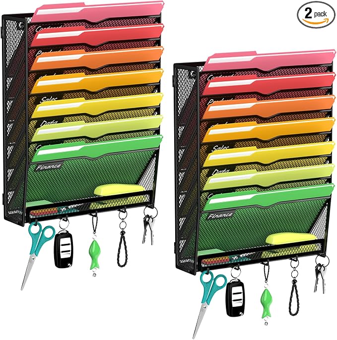 2Pack 8-Tier Wall File Organizer with Hook, Hanging File Organizer Black | Wall-mounted mail storage holds papers, folders, files, clipboards and magazines, assembly required for office or home use.