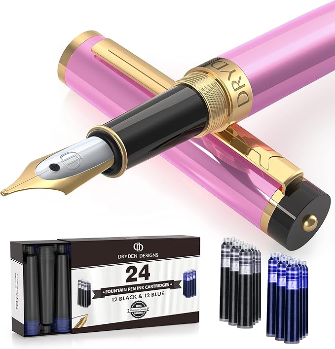 Dryden Designs Fountain Pen Medium Nib Gift Pouch - with 24 Ink Cartridges - MCM (Luscious Pink)