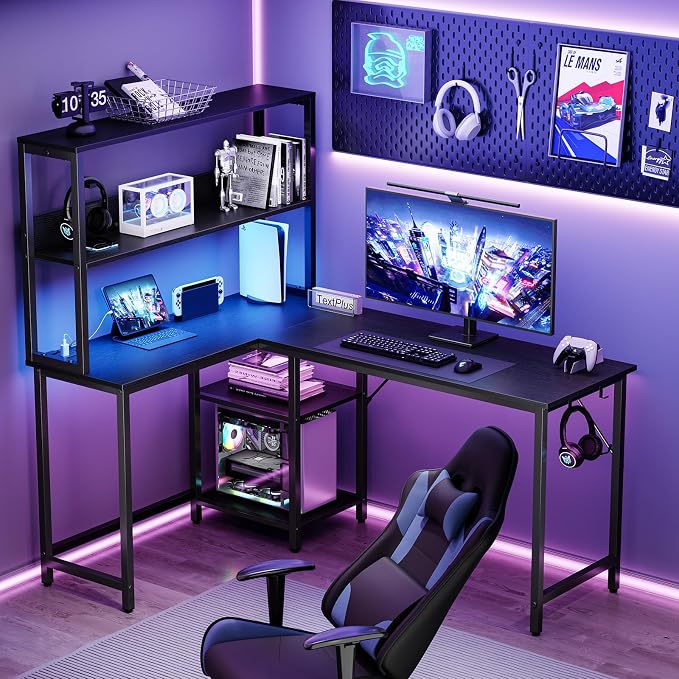 DUMOS L Shaped Desk, Gaming Desk, Power Outlet, 53 Inch | Reversible Corner Computer Table, Adjustable Shelf CPU Stand, Home Office Writing Table, LED, Black