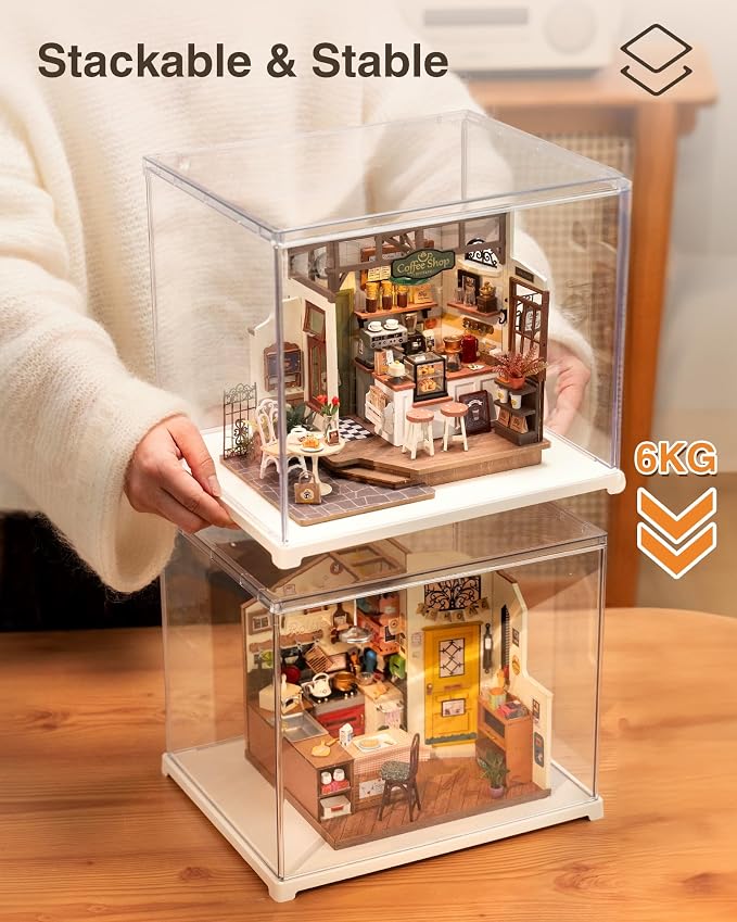 Rolife Acrylic Display Case Dust Cover for Collectibles, Stackable Showcase Dustproof Protection with White Base with Door for Shoes,Books,Toys,Collectibles Memorabilia Figurines(11.3''x9.6''x9.3'')