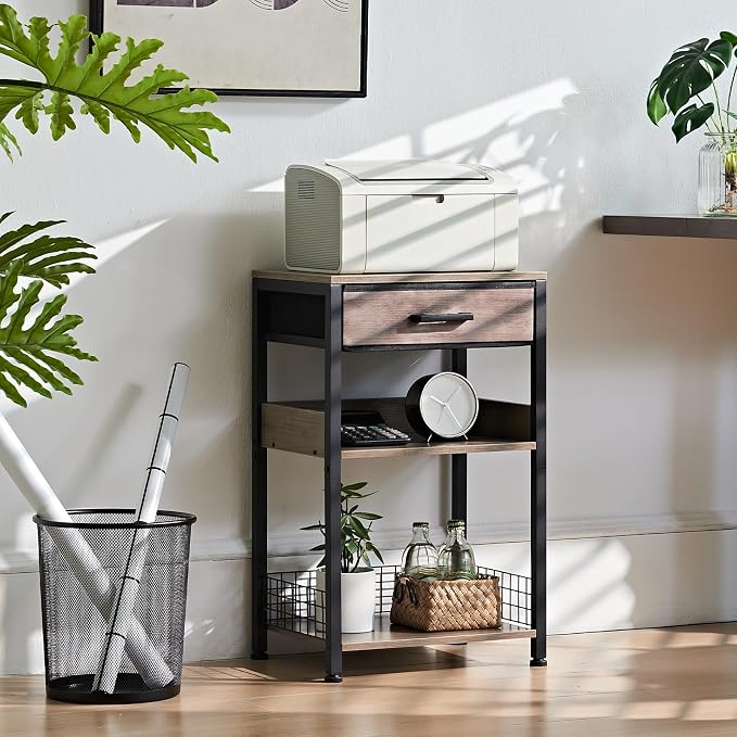 Lerliuo 3-Tier Printer Stand with Fabric Drawer and Shelves, Grey | Three-tier printer stand with fabric drawer and two shelves for paper, office supplies, scanners and fax machines