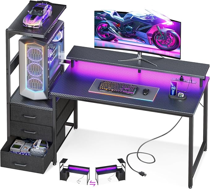 AODK 52 Inch Gaming Desk with USB Charging Ports & LED Light- Reversible Computer Desk with Storage Shelves & Monitor Stand, Modern Gamer Desk Table with Fabric Drawers, Black