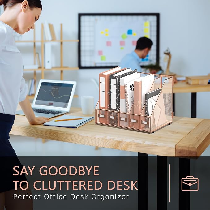 DALTACK 5-Slot Magazine File Holder, Metal Binder Holder, Rose Gold | Iron Mesh Construction, Labeled Sections for Easy Sorting, Anti-Slip Feet, Binder and Folder Storage for Office, Classroom