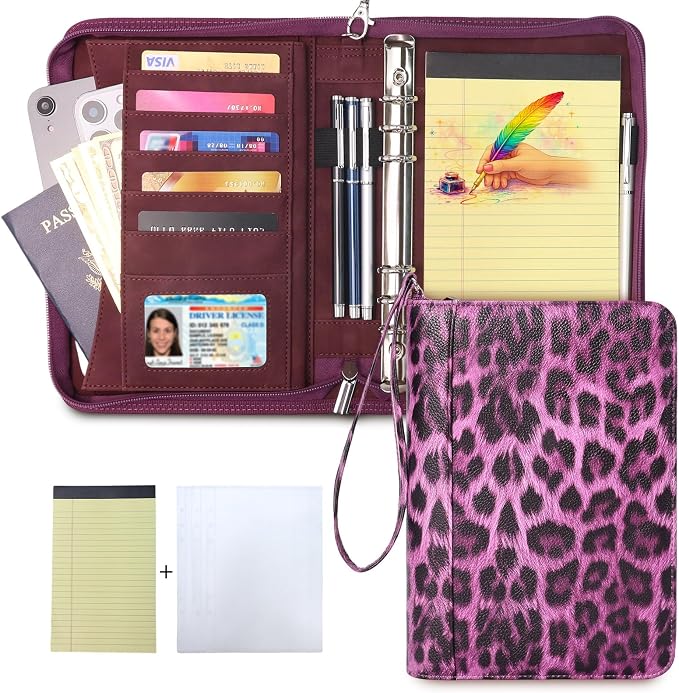 A5 Binder 6 Ring with Zipper, Portable Planner for Travel & Study | Faux leather A5 planner with detachable 6 rings, lined pages, pouches, card slots and pen holder for daily use.