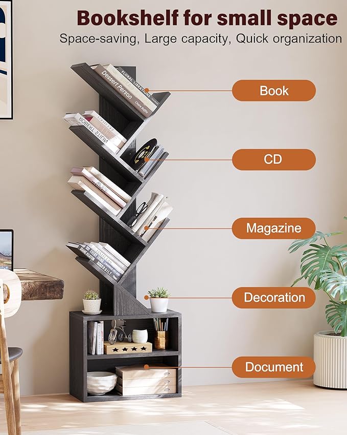 SUNMORY 6 Tier Tree Bookshelf, Tall Small Bookcase with Storage Cabinet | Modern Narrow Bookshelves Organizer, Floor Standing Book Case Shelf for Bedroom Living Room Home Office Corner, Black
