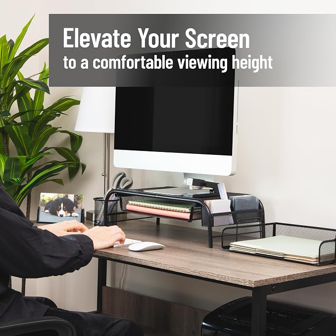 Mind Reader Monitor Stand, Ventilated Laptop Riser, Paper Tray, Office, Metal Mesh, Set of 2, Black