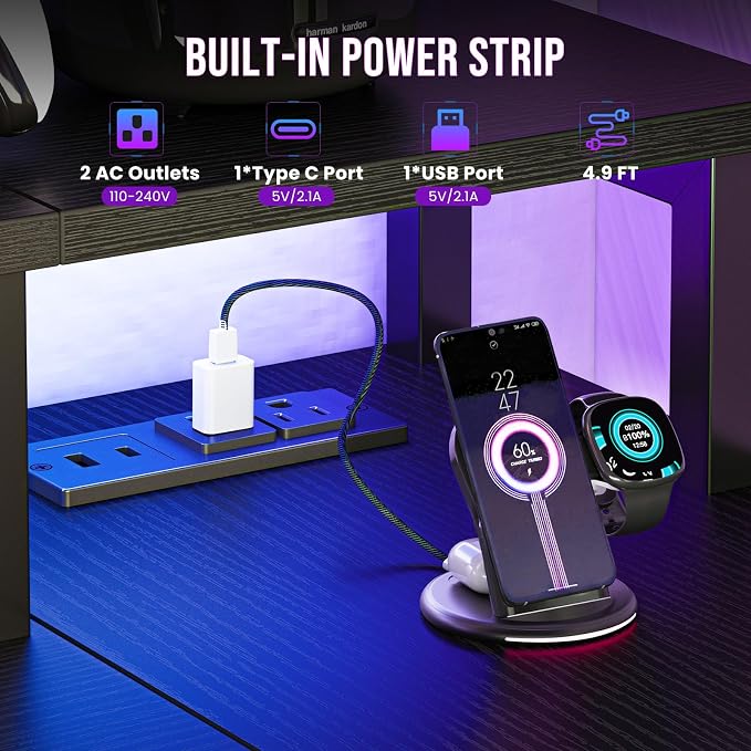DUMOS Gaming Desk, Monitor Stand, LED Lights, Storage Shelves | USB Charging Ports, Power Outlets, Reversible L Shaped Corner, Small Spaces, Black