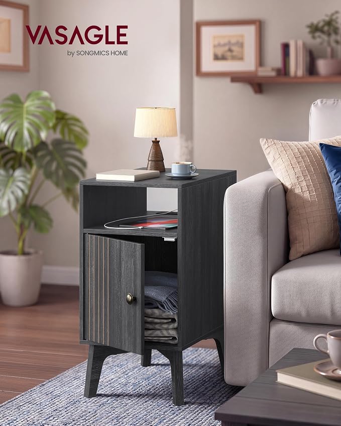 VASAGLE End Table with Charging Station, Narrow Side Table, Nightstand | Tapered Legs, Curved Transitions, for Small Spaces, Living Room, Bedroom, Charcoal Gray, MAEZO Collection ULET329B101S