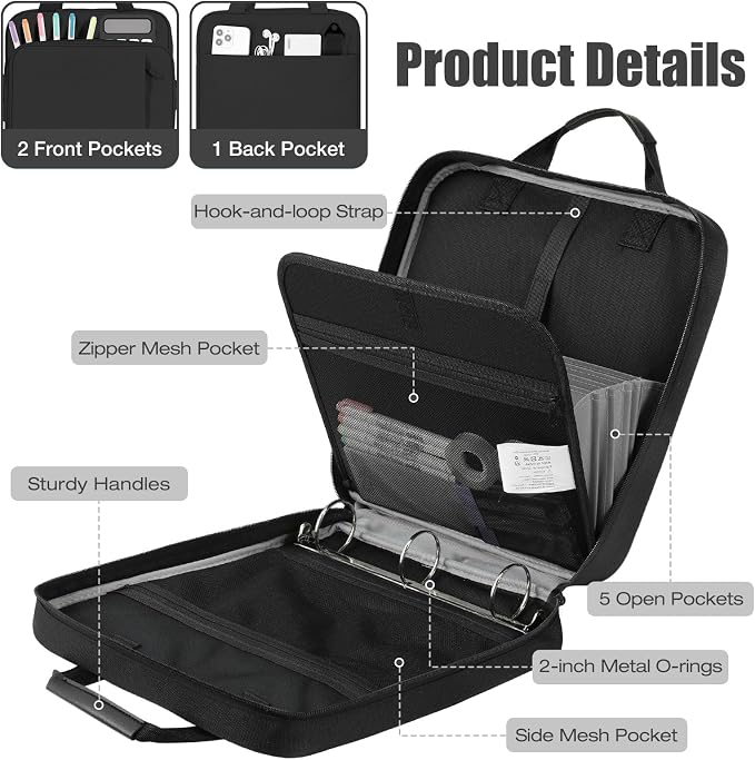 MoKo Zipper Binder, 2 Inch 3 O Ring, 5 Tab File Folders, 500 Sheets, Black | Water-repellent 900D Oxford with five file pockets, two mesh pockets, a handle and padded shoulder strap.