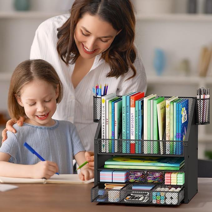 SWTYMIKI Desk Organizer with Drawers - Mesh and Wood Desk File Organizer with Pen Holders, 4-Tier Paper Organizer for Office Organizer and Accessorie, School and Home Storage, Black