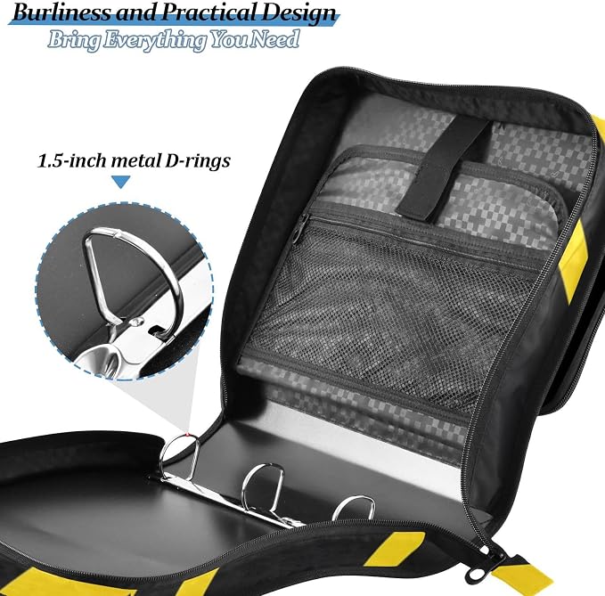 3 D-Ring Zipper Binder Bag, Black Yellow Diagonal Striped Removable Binder with Zipper Case Hold 300+ Sheets& 13 Inch Laptop for School Office Supplies Organizer