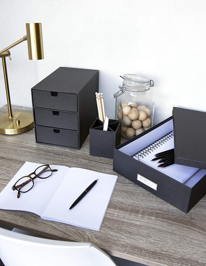 Bigso Box of Sweden Ingrid 3-Drawer Fiberboard Desk Organizer for Office Supplies & Accessories - Stackable Makeup Drawer Organizer - 6.3in x 9.9in x 8.1in - Blue