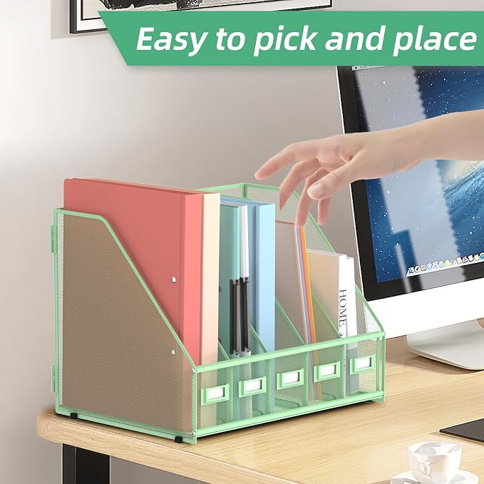 Desk Organizers Metal Desk Magazine File Holder with 5 Vertical Compartments Rack File Organizer for Office Desktop, Classroom, Home Workspace, Green