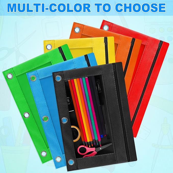 108 Pack Pencil Pouch for 3 Ring Binder, Zipper Pencil Pouches/Case in Assorted Color, Durable Binder Pencil Pouch/Bag for Office School Supplies (6 Colors)
