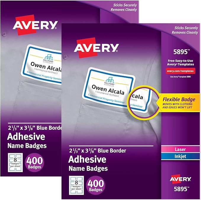 Avery Flexible Name Badges, 2-1/3" x 3-3/8", White with Blue Border, 400 per Pack, 2 Packs, 800 Removable Name Tag Stickers Total (01730)