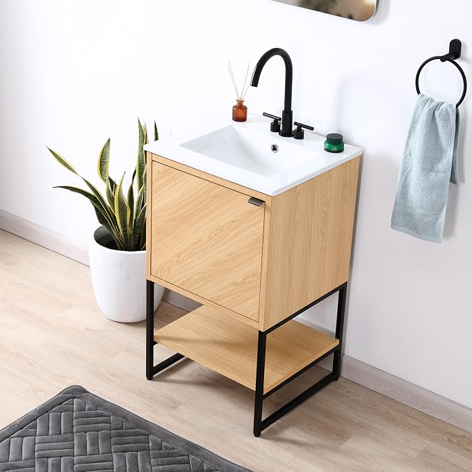 JONATHAN Y Juhl 20" Chevron Freestanding Bathroom Vanity Cabinet, Oak | Modern Minimalist Design, 18" Deep 33" Tall, Soft-Close Door, Interior And Open Shelves, Sink Not Included