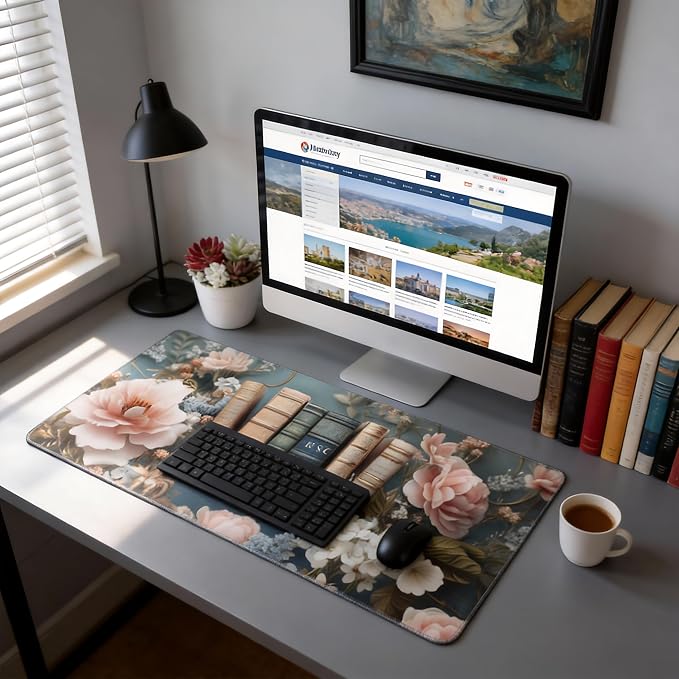 Floral Aesthetic Book Gaming Mouse Pad, Morandi Rococo Desk Mat with Anti-Slip Base & Stitched Edges, Office & Home Desk Decor for Women, 35.4" x 15.7" in Computer Desktop Mat