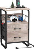 runjuly Small End Table with Charging Station and Hooks, Greige | 2 Fabric Drawers Storage, Type C & USB Ports & Power Outlets, Farmhouse Style, Metal Nightstand for Living Room / Bedroom