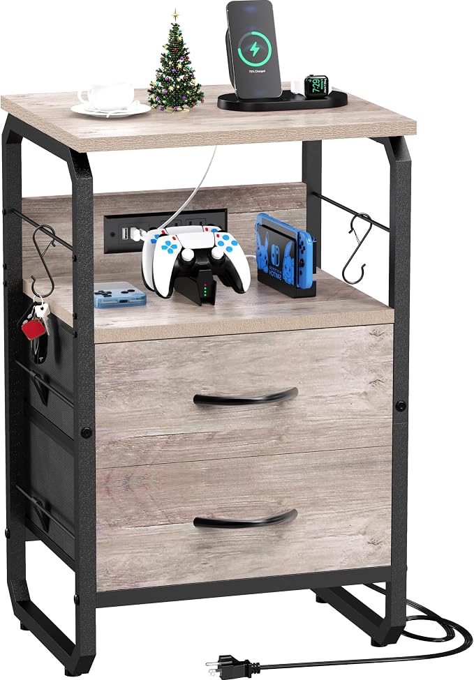 runjuly Small End Table with Charging Station and Hooks, Greige | 2 Fabric Drawers Storage, Type C & USB Ports & Power Outlets, Farmhouse Style, Metal Nightstand for Living Room / Bedroom