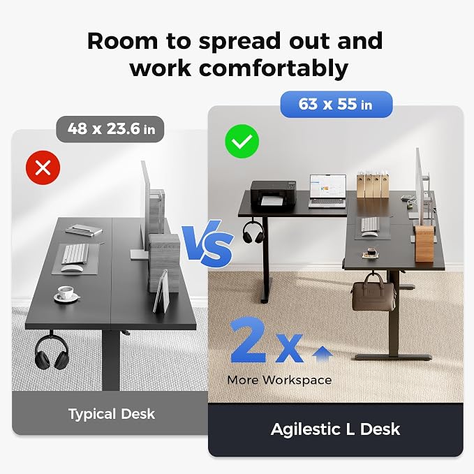 Agilestic 63 x 55 Inch L Shaped Standing Desk with Powerstrip, Black | Outlets, Cable Management, Corner Desk, Ample Workspace, Memory Presets, Hooks, Stable Steel Frame,176 lbs, Splice Board