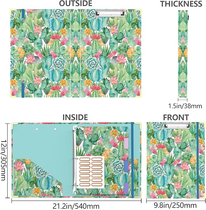 3 Ring Binder 1 Inch, Cute Round Ring Binders with 6 Tab Dividers, Labels Stickers, Low Profile Clipboard with Storage, Fashion Binder School Office Supplies(Cactus Flowers)