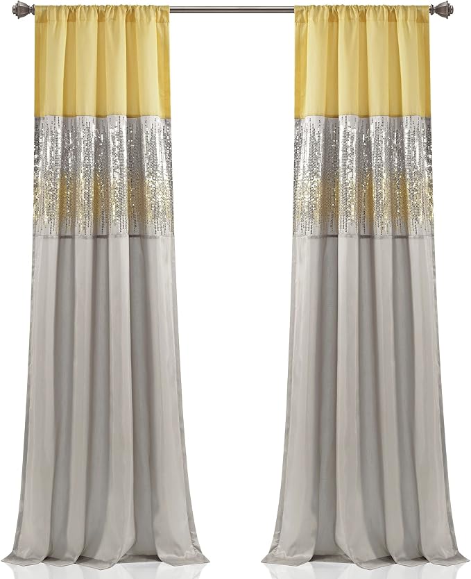 Lush Decor Night Sky Window Curtain Panel, Single 42"W x 108"L Yellow & Gray - Sequin Backdrop Curtain - Room Darkening Curtains For Bedroom - Glam Decor