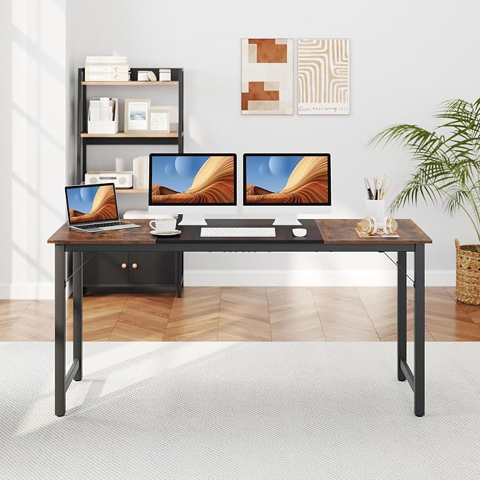 GIANTEX 63 Inch Computer Desk, Modern Simple Office Desk with Triangle Structure Metal Frame, Computer Workstations for Home Office, Study, Conference Room, Rustic Brown and Black