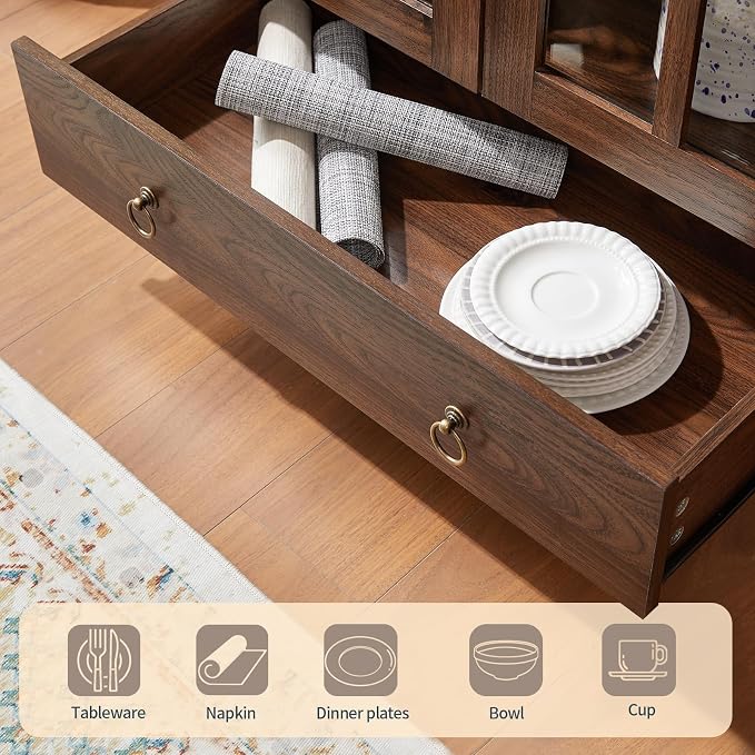 RowyPoey 71" Tall Arched Cabinet Bookshelf with Glass Door & Storage Drawer | Modern Farmhouse Display Cabinet,Adjustable Shelves,Wood Kitchen Pantry for Dining Room,Living Room,Office,Walnut