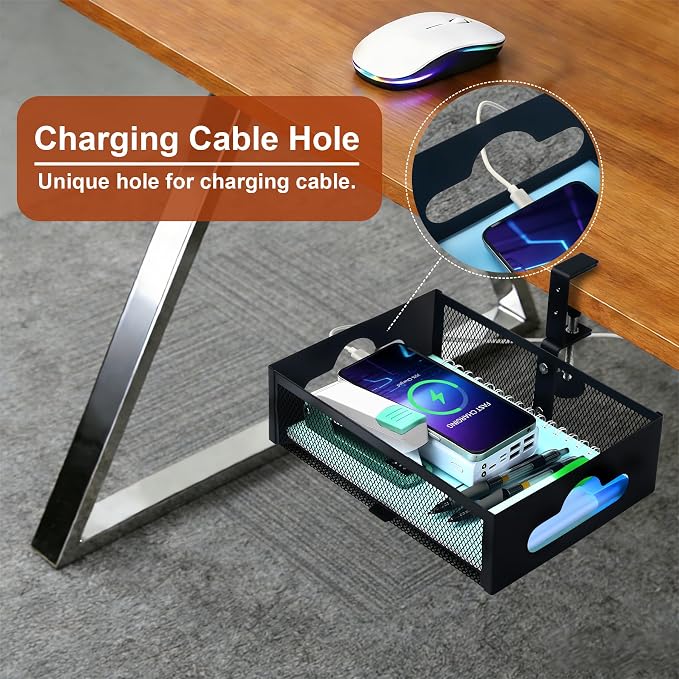 Under Desk Organizer 360° Swivel with Cup Holder,Holds Up to 7lbs | 360° rotation,no-drill clamp,holds up to 7lbs, cup holder,mesh storage,office/kitchen/art use