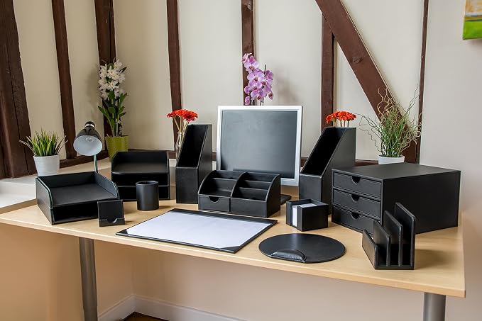 OSCO Black Faux Leather Letter Holder | Mail Sorter | Post Rack | Envelope Organiser | Document Stand | Desk File Storage | Display Slots | H14 x W17.5 D10 cm |