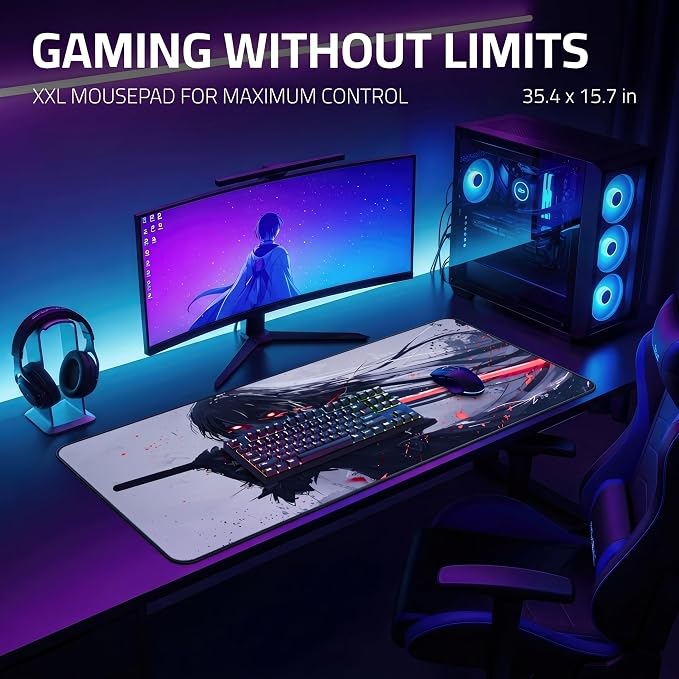 XXL Anime Gaming Mouse Pad 35.4 x 15.7 inch - Water-Resistant | Stitched Edges - Large XL Mousepad for Desk - Gamer Accessories Big Full Deskpad Mat Game Mousepads Deskmat