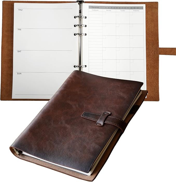 Refillable A5 Leather Binder Notebook, Reusable Leather Journal, Vintage Organizer with 6-Ring Metal Binder, Weekly & Monthly Planner Paper & Pocket, for Writers Business Work Study College and Daily