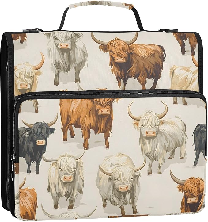 ALAZA Zipper Binder 3 Ring Neutral Colors Highland Cows Binder Organizer with Zipper and Shoulder Strap Large Capacity Multi-Pocket Trapper Keeper File Folder for Office Supplies