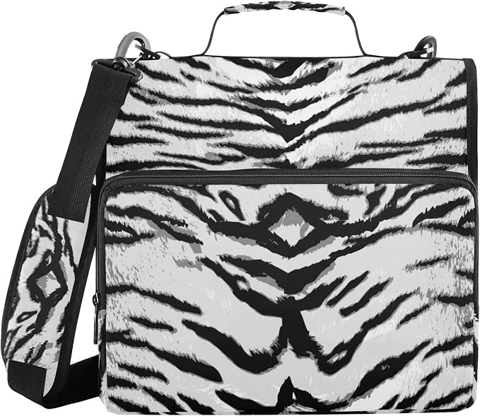 Fisyme White Tigers Print Zipper Binder 3 Ring with Zipper and Shoulder Strap Large Capacity Multi-Pocket Binder Organizer