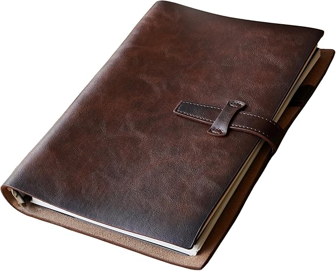Refillable A5 Leather Binder Notebook, Reusable Leather Journal, Vintage Organizer with 6-Ring Metal Binder, 120 Pages Lined Paper & Pocket, for Writers Business Work Study College and Daily