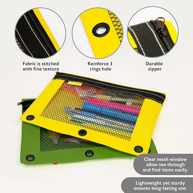BAZIC PRODUCTS Bright Color 3-Ring Pencil Pouch with Mesh Window, 144-Case | clear mesh window and a zipper closure for pens, pencils, supplies